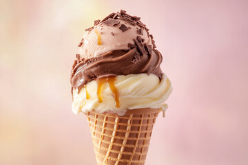 Cone with three scoops of vanilla, chocolate, and strawberry ice cream topped with chocolate flakes and dripping caramel sauce.