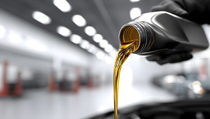 Engine oil Pouring oil motor car lubricant from black bottle on engine service oil change
