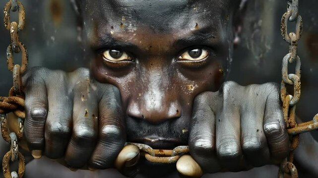 Slave trade journey: captivity pain, chained existence, racial bias, human trafficking, enslaved lives, oppressive practice, freedom lost, ownership cruelty, systemic racism, inhuman legacy.