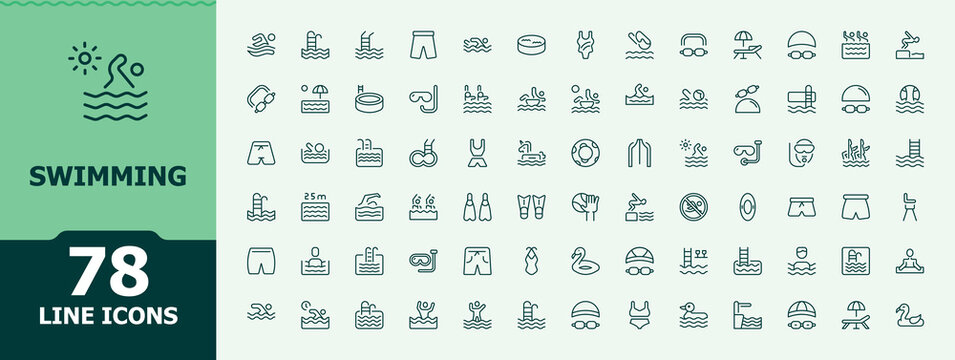 Swimming vector icon set. Minimal linear icons. Editable stroke. Dive icon collection. Featuring shower, diving, swimming pool, pool, swimmer, beach, lifestyle and more.