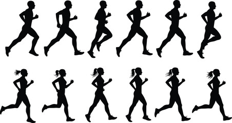 Silhouettes of active runners, dynamic group, athletic men and women, outdoor jogging, healthy lifestyle, motion scene, training exercise, vector illustration, energetic pace