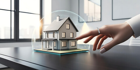 A hand delicately touches a model house surrounded by a protective digital shield
