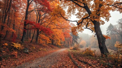 Fototapeta premium Autumn forest path with colorful leaves and foggy atmosphere 