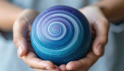 Hands Holding a Colorful Swirling Model of a Climate-Inspired Exoplanet