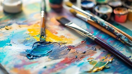 Fototapeta premium Vibrant Artist s Palette with Paintbrushes and Oil Colors Close Up