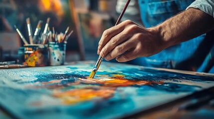 Obraz premium Artist s Hand Painting Vibrant Abstract Artwork with Brushstrokes on Canvas