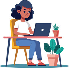 A  girl with laptop, woman working on laptop, a woman sitting a desk with a laptop, young woman working on laptop