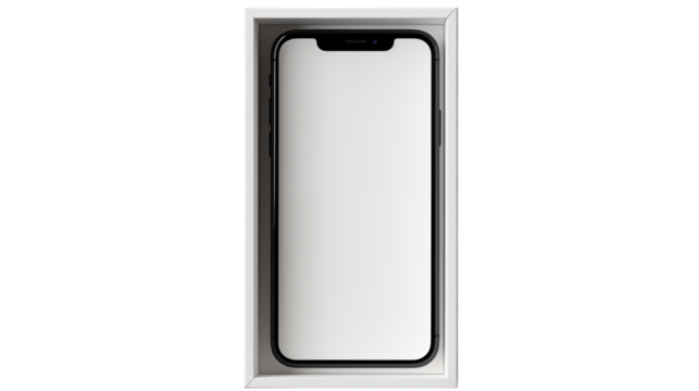 A top down view of a smartphone inside of its white box against a black background in the studio