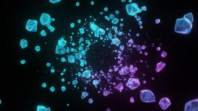 Abstract swirling vortex of glowing teal and purple crystals on black background