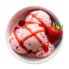 White Bowl with Strawberry Ice Cream Top View with Strawberry Sauce and One Strawberry Inside on Transparent Background