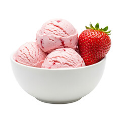 White Bowl with Strawberry Ice Cream Front View on Transparent Background