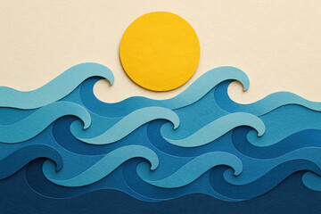 Sun cutout over wave in paper art.