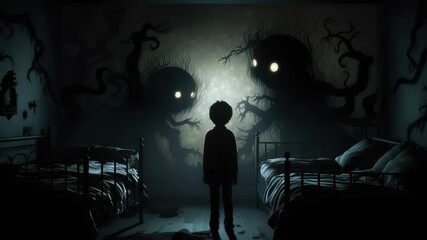 Night terror clip: Young child looks toward wall where creatures appear, expressing nightmare fear, sleep tension, dream anxiety, shadow illusion, eerie form, bedtime fright, imagination scare