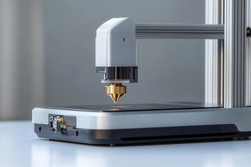 A 3D printer stands prominently on a workspace, showcasing its injector nozzle ready to create intricate designs. The setup highlights advanced printing technology