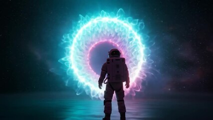 Astronaut Contemplating Cosmic Portal - A lone astronaut stands in awe before a vibrant, swirling nebula forming a ring-like portal in the vast expanse of space. - Powered by Adobe