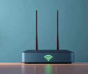 A sleek wireless router with two antennas sits on a wooden surface. The device features a green status light, indicating an active internet connection