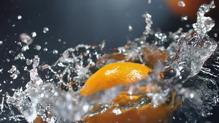Oranges burst with water droplets in slow motion revealing vivid textures and vibrant colors - Powered by Adobe