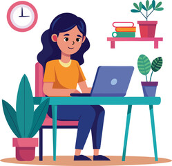 woman working on laptop, a girl with laptop, a woman sitting a desk with a laptop	
