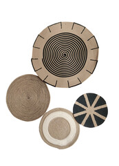 Set of four woven straw wall baskets with natural and black geometric patterns isolated on transparent background, perfect for boho home decor, cultural art, and rustic celebrations