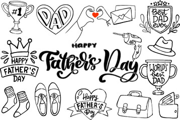 Fototapeta premium Celebrate Father's Day with this adorable black and white hand-drawn illustration featuring playful doodles of children, hearts, a gift box, a tree, and the cheerful message 