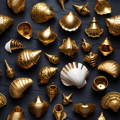 Gold-Plated Mechanical Shells on Stone Slate – Steampunk Marine Aesthetic in Studio Light