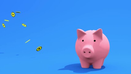 animation of cartoon style russian ruble coins falling into a pink piggy bank on a blue background