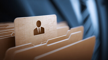 Employee card in the archive. Employee data. Many employee folders in the archive close-up. Person icon on one of the folders