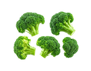 Five fresh green broccoli florets isolated on transparent background