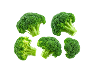 Five fresh green broccoli florets isolated on transparent background