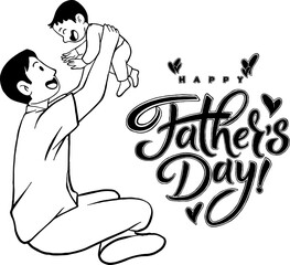 Celebrate Father's Day with this adorable black and white hand-drawn illustration featuring playful doodles of children, hearts, a gift box, a tree, and the cheerful message 