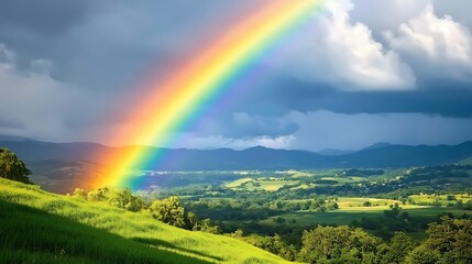 Fototapeta premium A vibrant rainbow arches over a lush green landscape with distant mountains and clouds