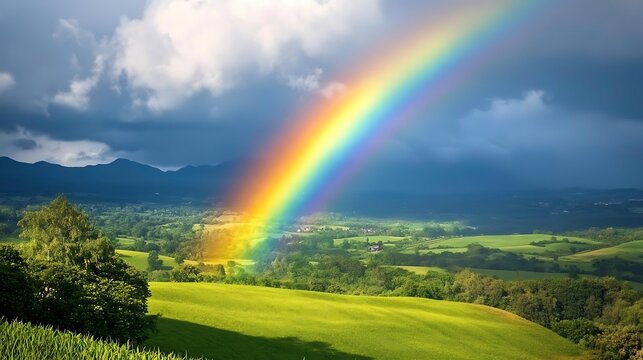 A vibrant rainbow arches over a lush green landscape with rolling hills and dark clouds