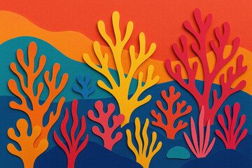Colorful paper cut corals on blue background.