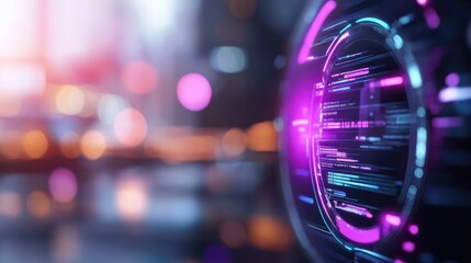 Futuristic digital interface overlayed on a blurred city night scene. Abstract glowing circles and code-like text on a dark background