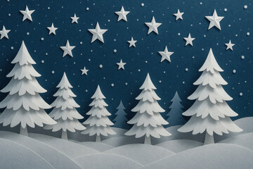 Naklejka premium Paper cut Christmas tree adorned with stars and snow.