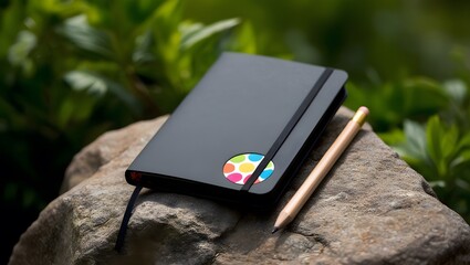 Black notebook with polka dot accent and pencil resting on textured rock surface