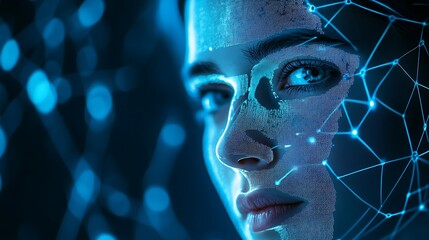 Close up of a woman's face with digital network overlay in a blue color scheme