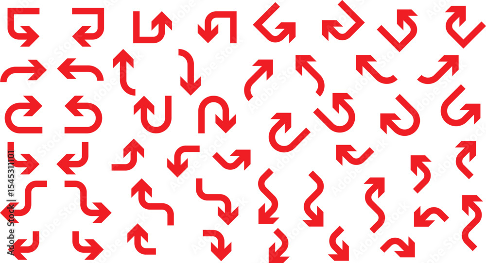 Poster set of red way direction arrow symbol, way sign, different directions arrow icon vector illustration