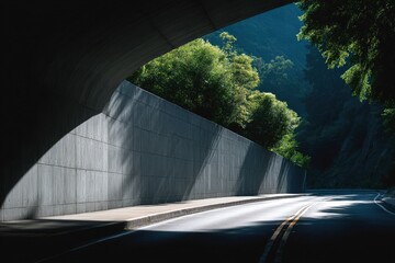 Quiet road beneath a concrete overpass surrounded by lush greenery during midday sunlight