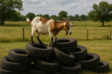 Goat perched on tires.