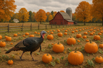 Turkey walking through pumpkin field.