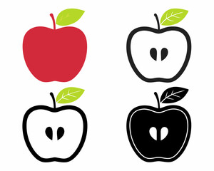 Contemporary apple icon set with clean line art and multiple color options suitable for healthy lifestyle and learning themes.