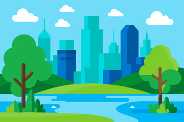 Cityscape park river green trees modern buildings
