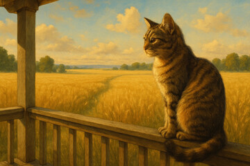 Cat sitting on wooden railing, gazing over field.