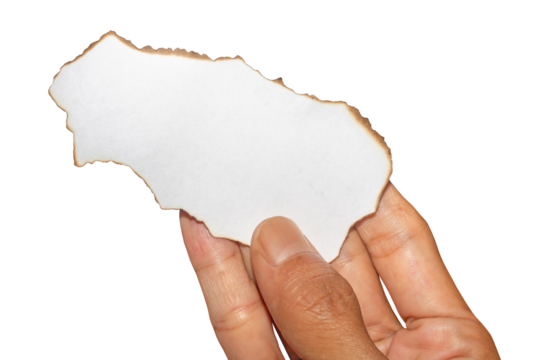 Hand Holding Torn White Paper with Burnt Edges - Isolated on Transparent Background. Ideal for Banner, Poster, Text Space, or Creative Design Mockup
