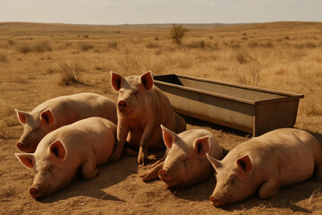 pigs laying near a boat in the dirt.