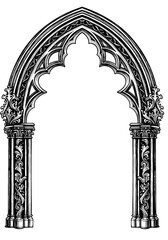 Intricate gothic archway illustration with detailed carvings and pointed arch design, set against a white background.
