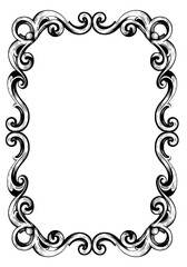 Ornate decorative frame with swirling floral elements, creating a vintage border on a white background.