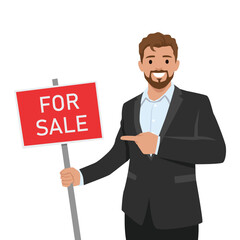 Man in a suit confidently points to For Sale sign, ready to attract potential buyers or investors. Flat vector illustration isolated on white background