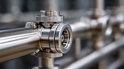 Fototapeta premium Detailed view of stainless steel industrial piping system with precise fittings in a manufacturing facility